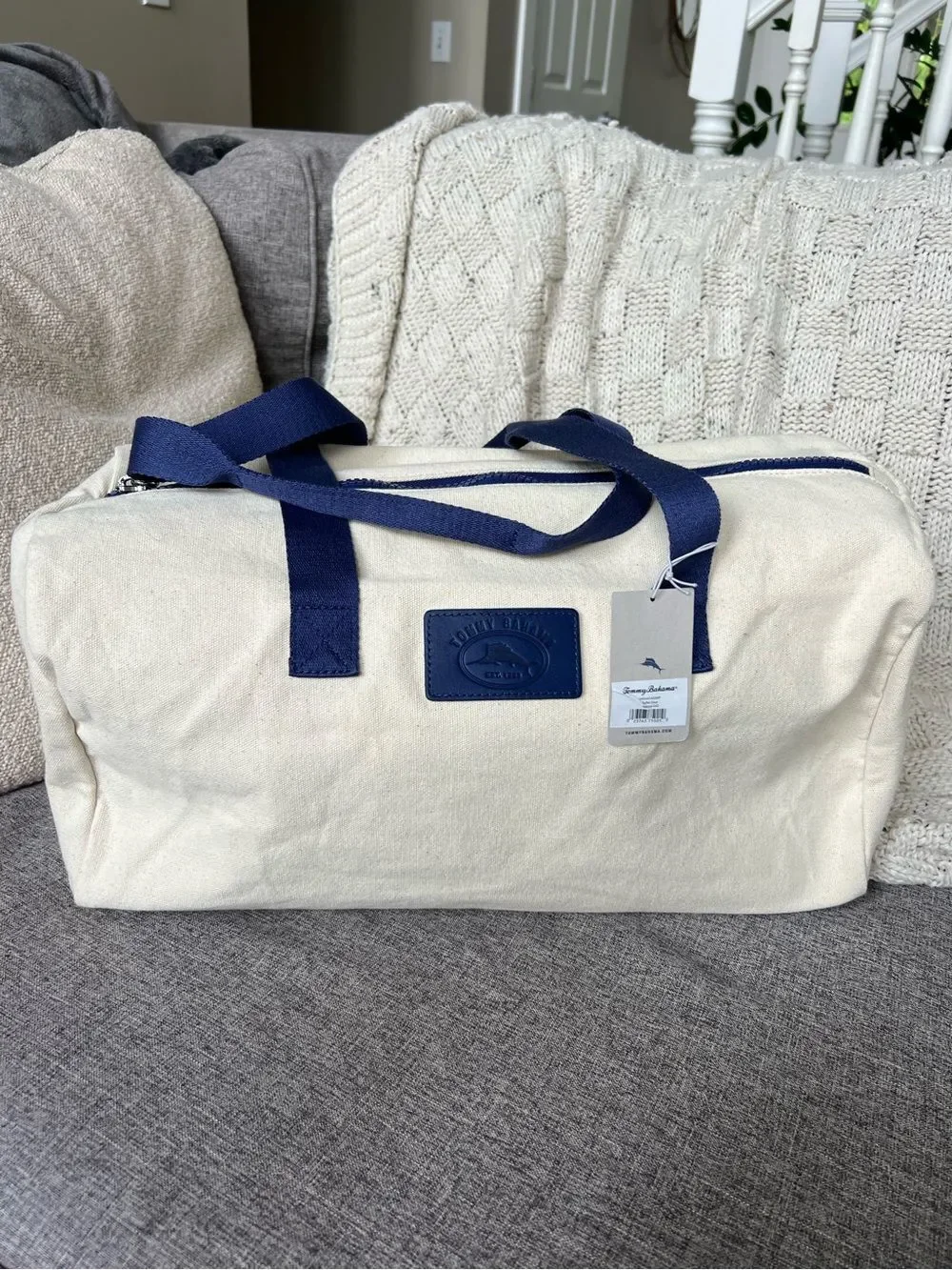 Tommy Bahama NWT Natural Cream Canvas Duffel with Navy Straps